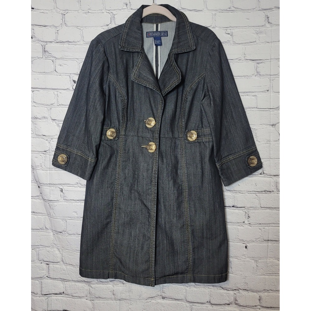 Baccini Womens Dark Wash Denim Coat 3/4 Sleeve Button Up Jacket Blue Large Y2K